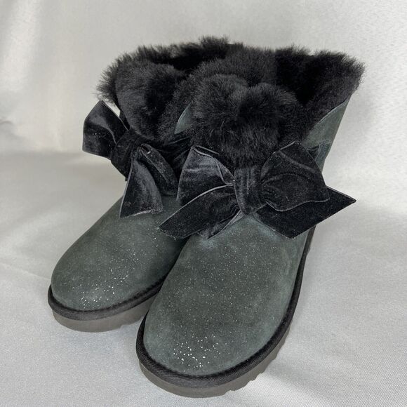 Women's Ugg Boots Sz 7 Black Gita Twinkle Bow Mini Bootie Satin Bow Glitter-like - Picture 12 of 16